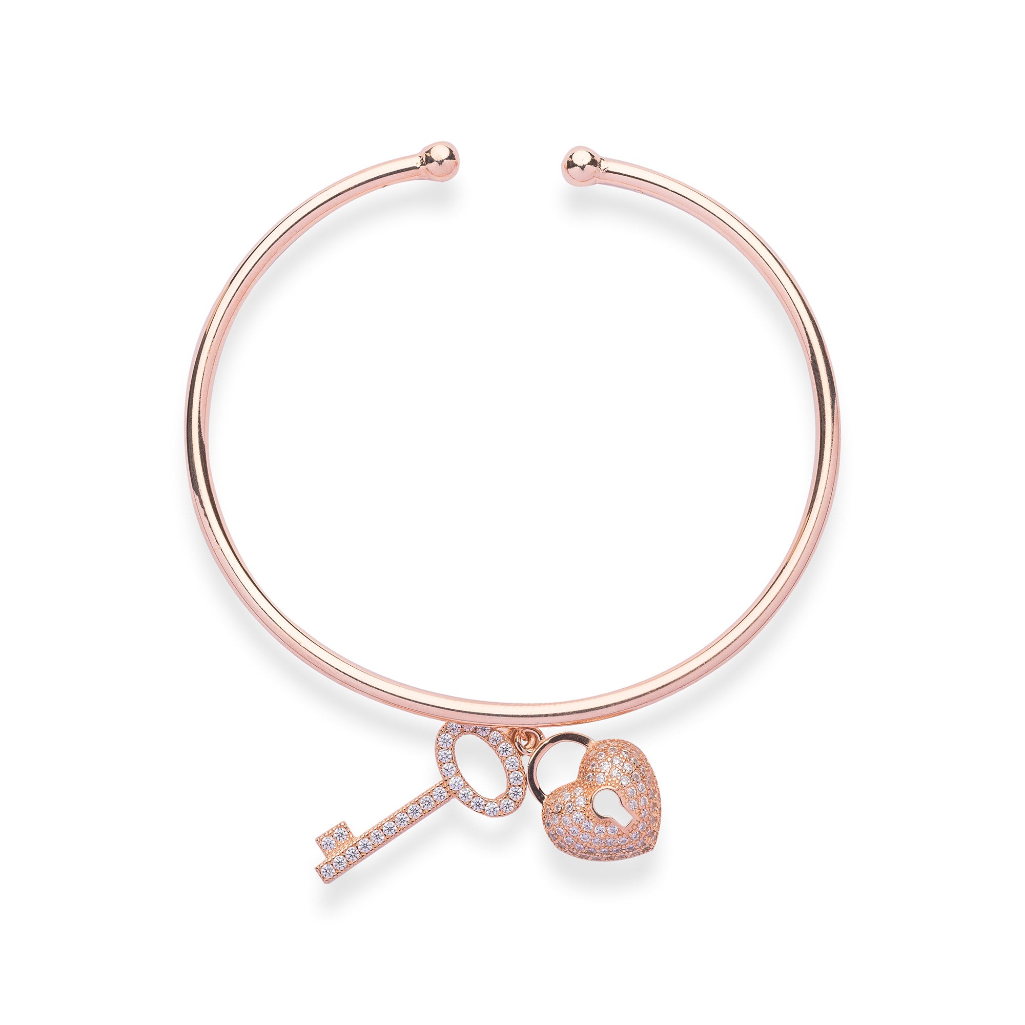 Diamond Studded Lock And Key Charms Rose Gold Cuff Bracelet - LIORA - 925 Silver Jewellery