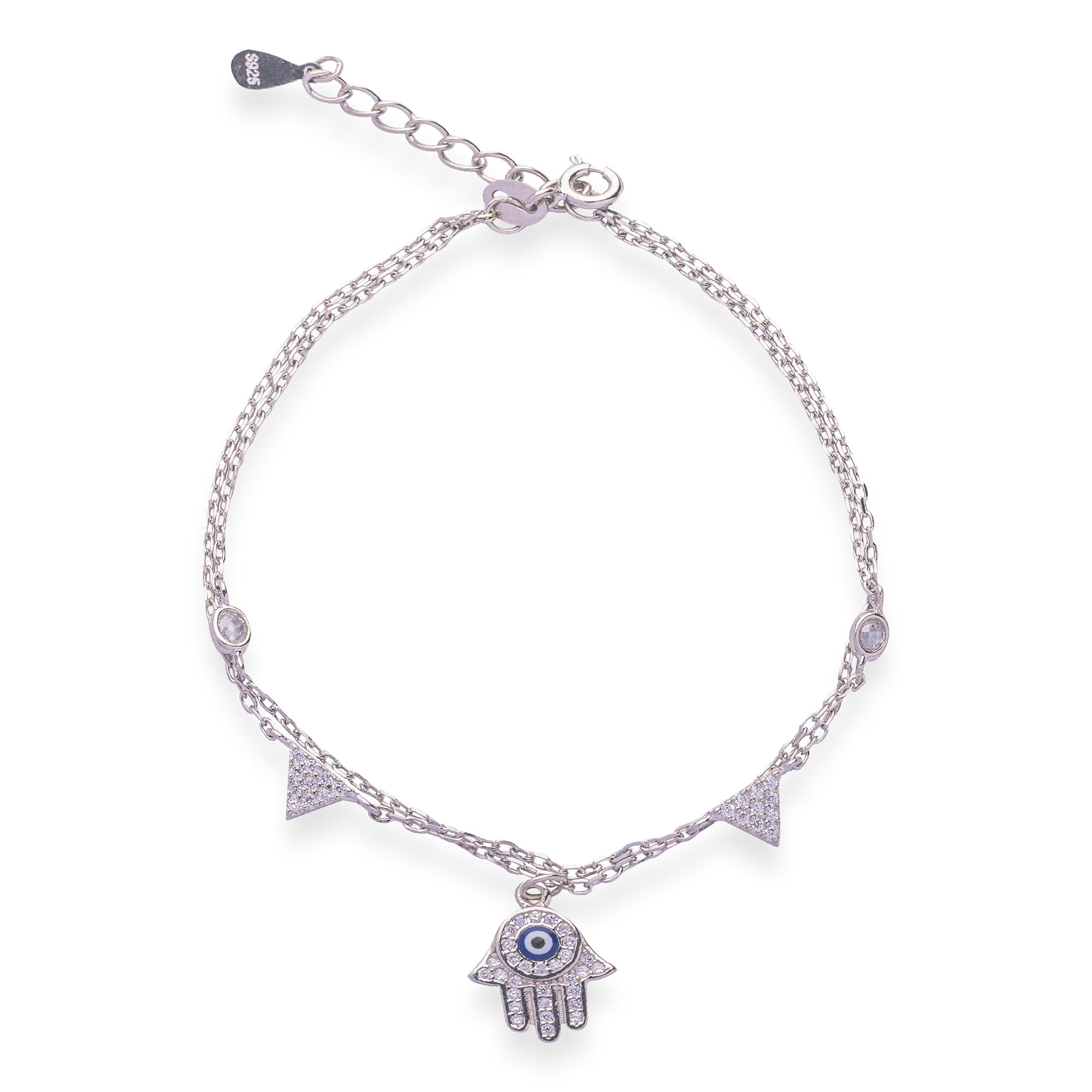 Silver Hamsa And Triangle Charms Layered Bracelet - LIORA - 925 Silver Jewellery