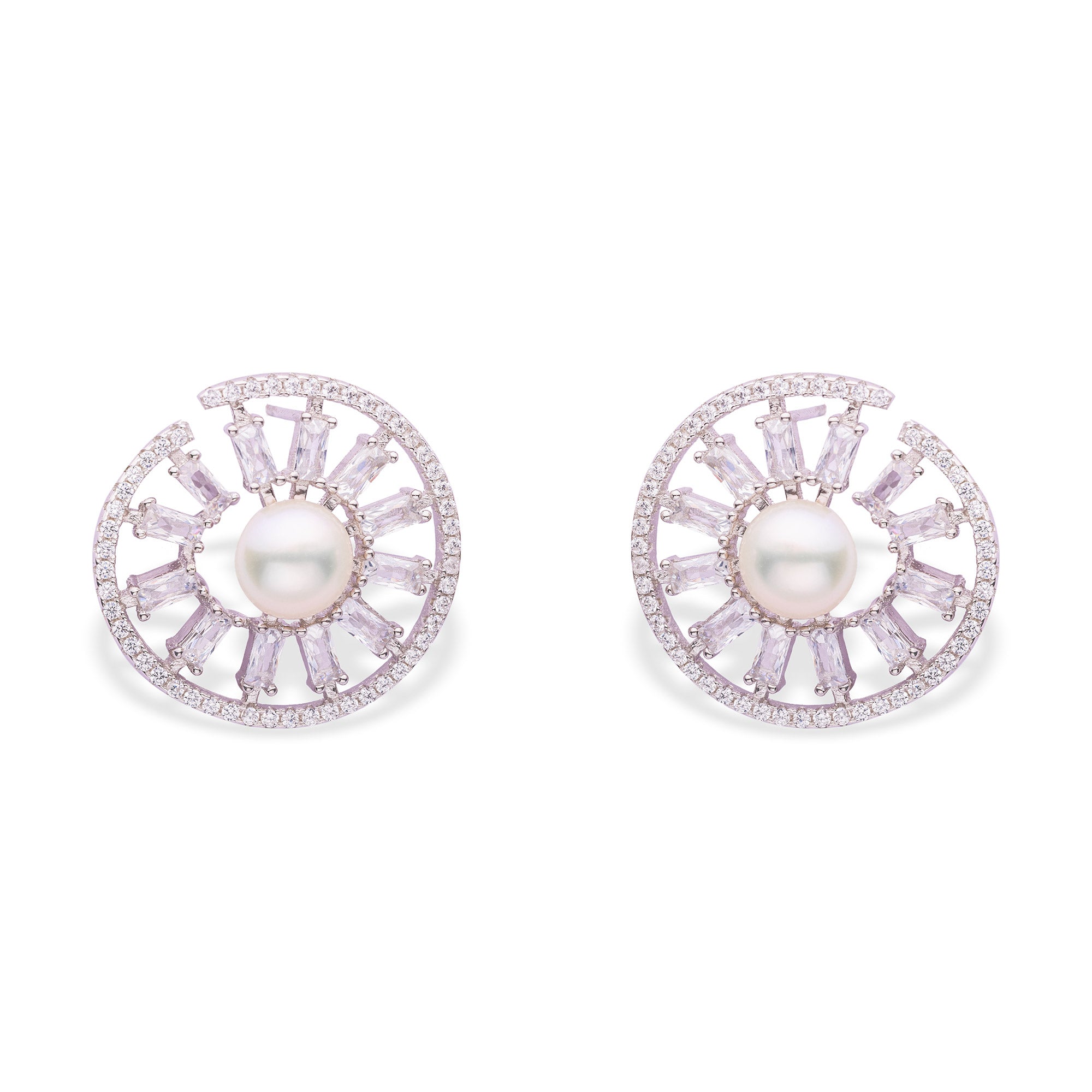 Radiant Round Baguette Pearl Earrings - LIORA - 925 Silver Jewellery