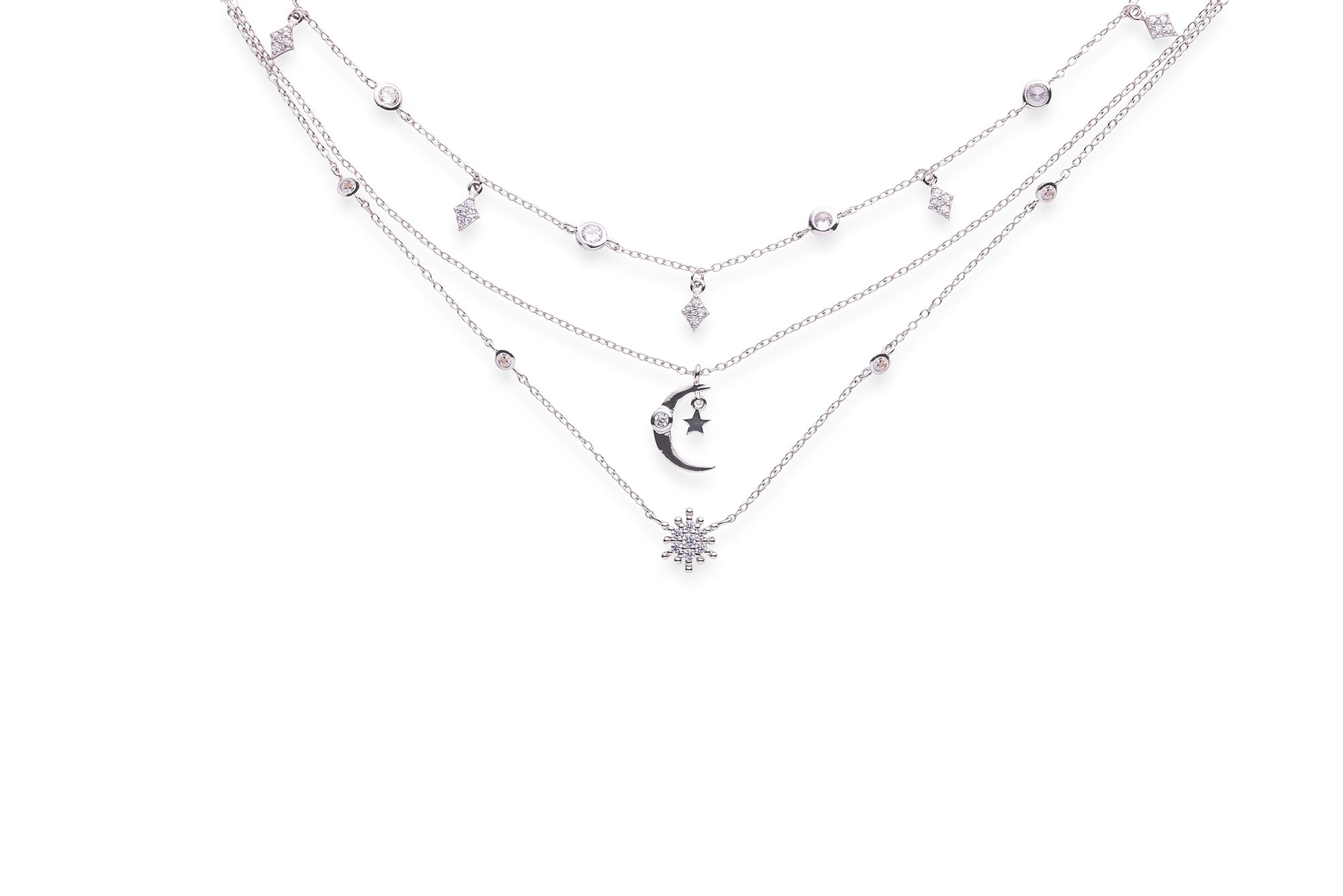 Moon Star And Sun Triple Layer Necklace - LIORA - 925 Silver Jewellery