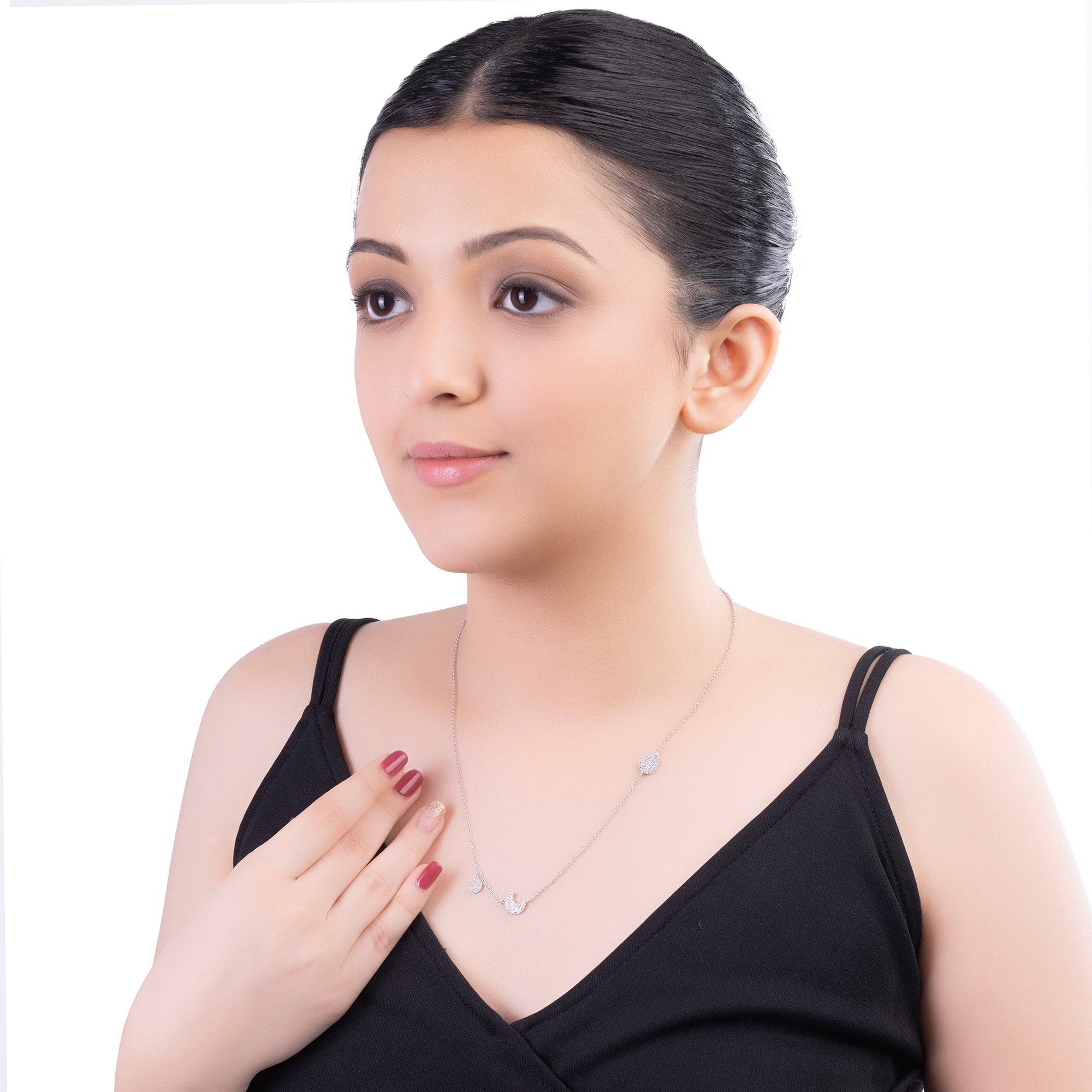 Diamond Studded Moon And Droplet Necklace - LIORA - 925 Silver Jewellery