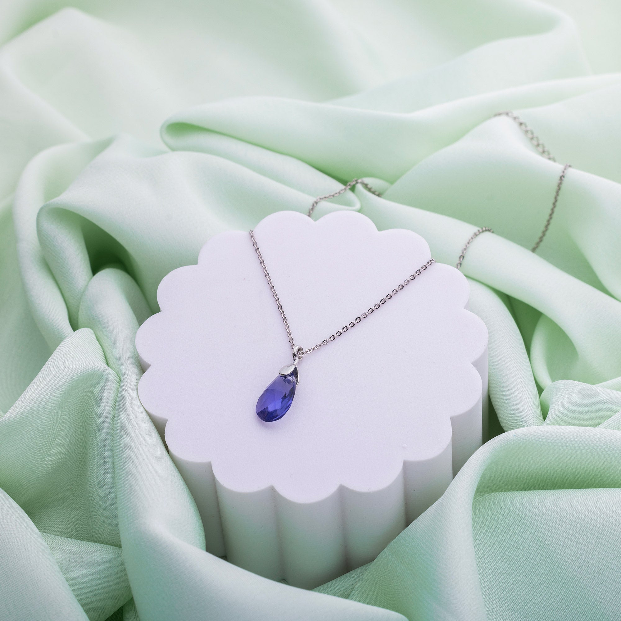 Blue Crystal Droplet Pendant With Link Chain - LIORA - 925 Silver Jewellery