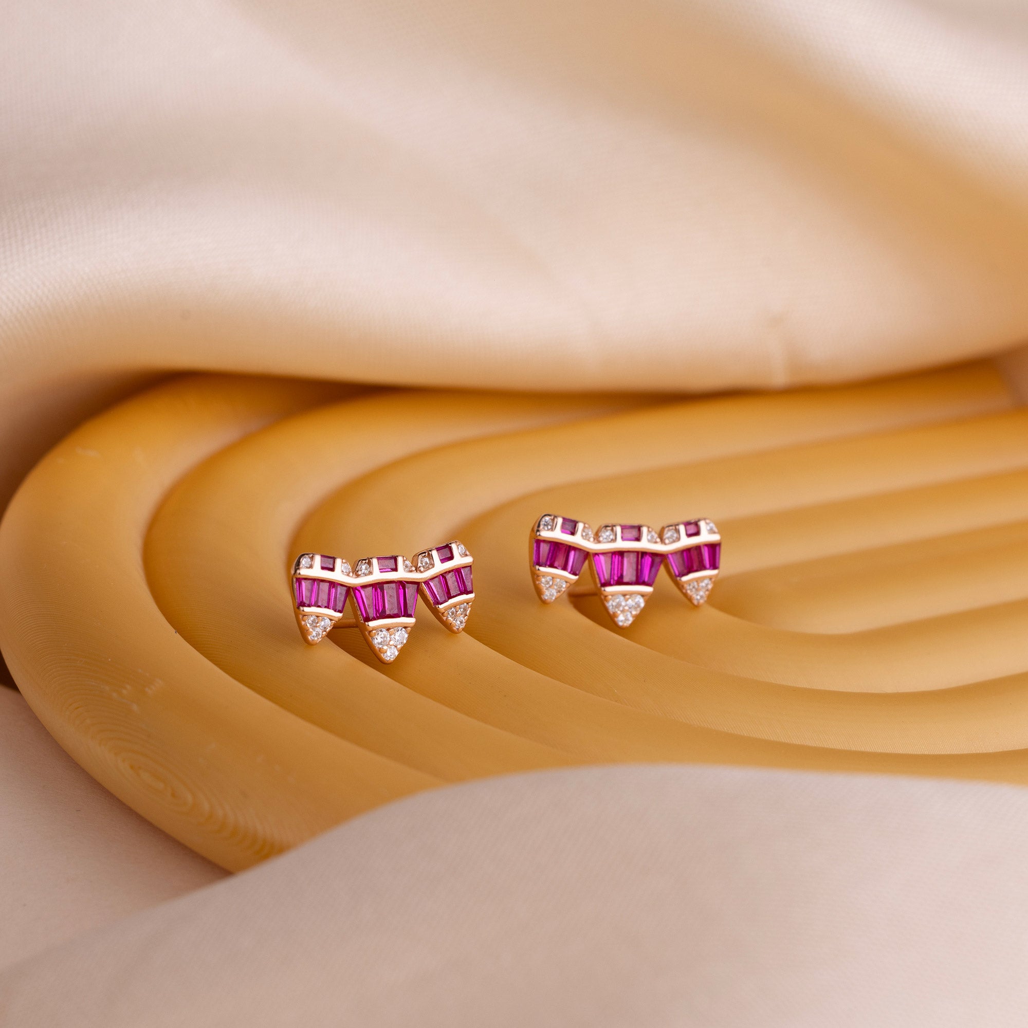 Maroon Trio Baguette Studs - LIORA - 925 Silver Jewellery