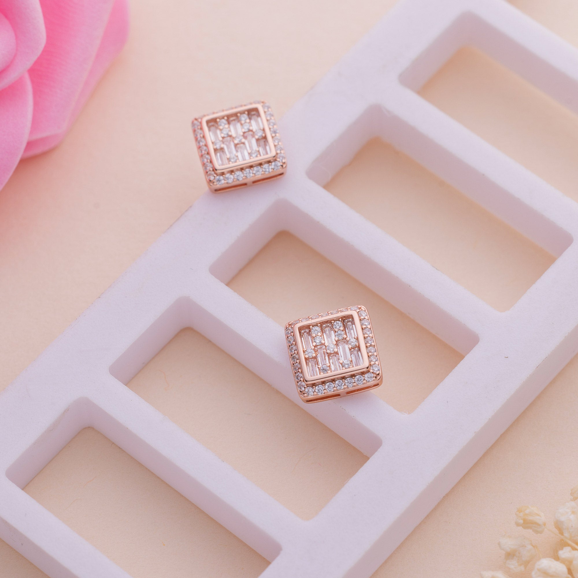 Rose Gold Baguette Square Stud Earrings - LIORA - 925 Silver Jewellery