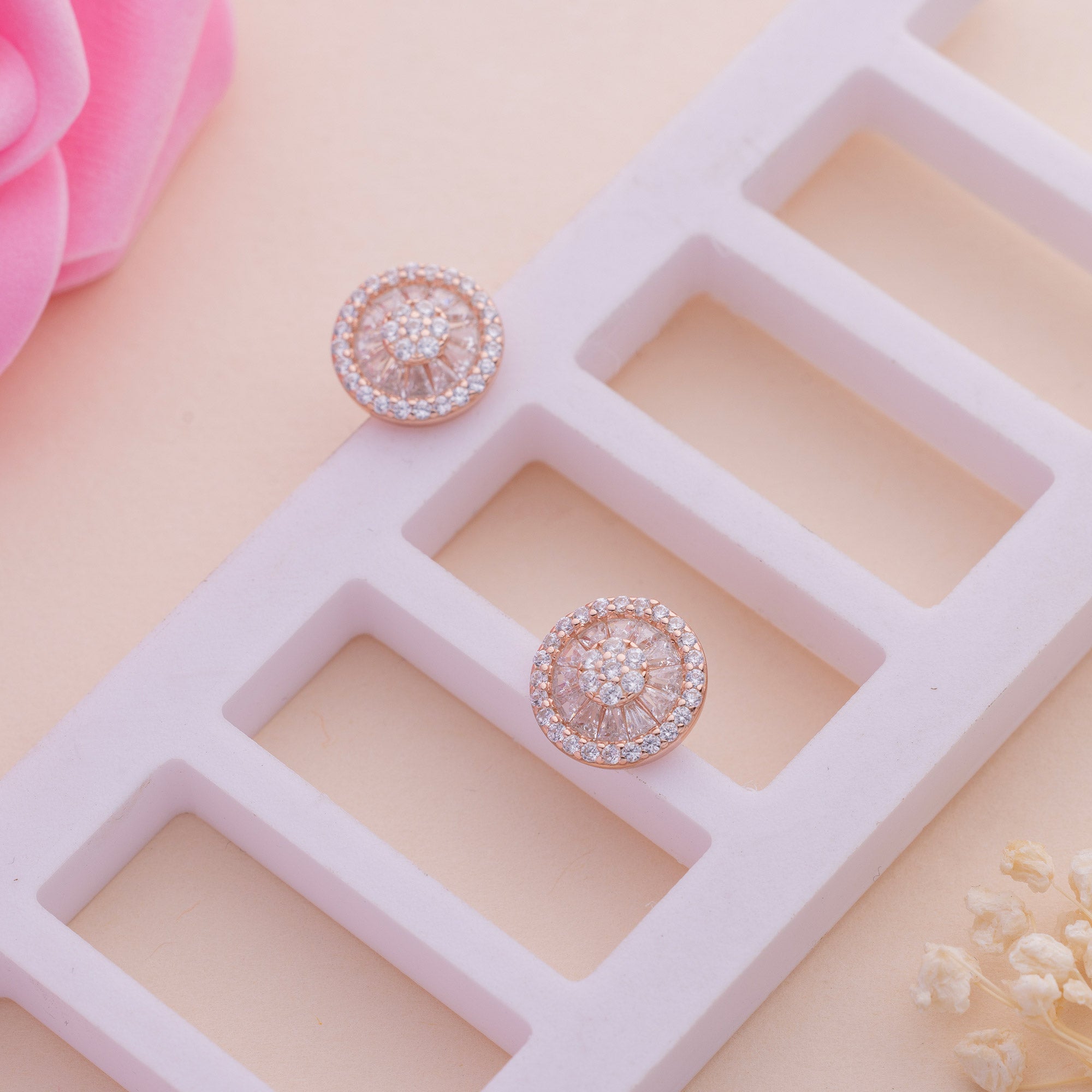 Baguette Circle Stud Earrings In Rose Gold - LIORA - 925 Silver Jewellery