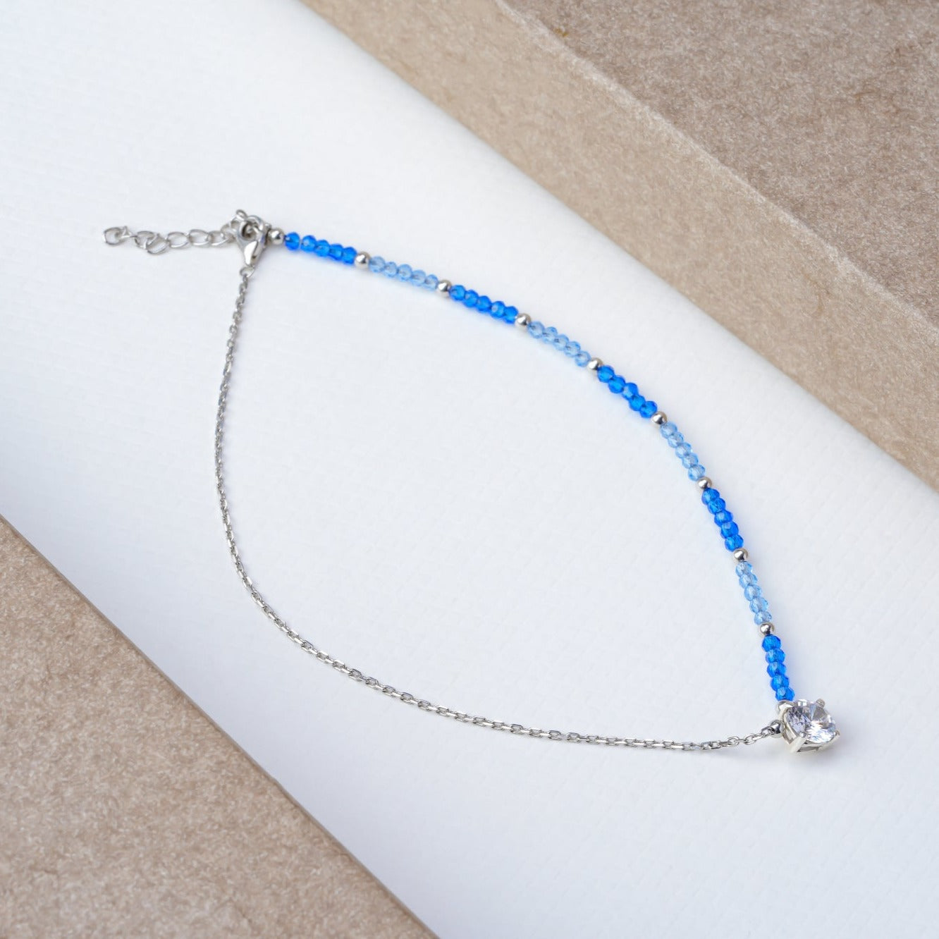 Pure Silver Blue Beads Solitaire Anklet - LIORA - 925 Silver Jewellery