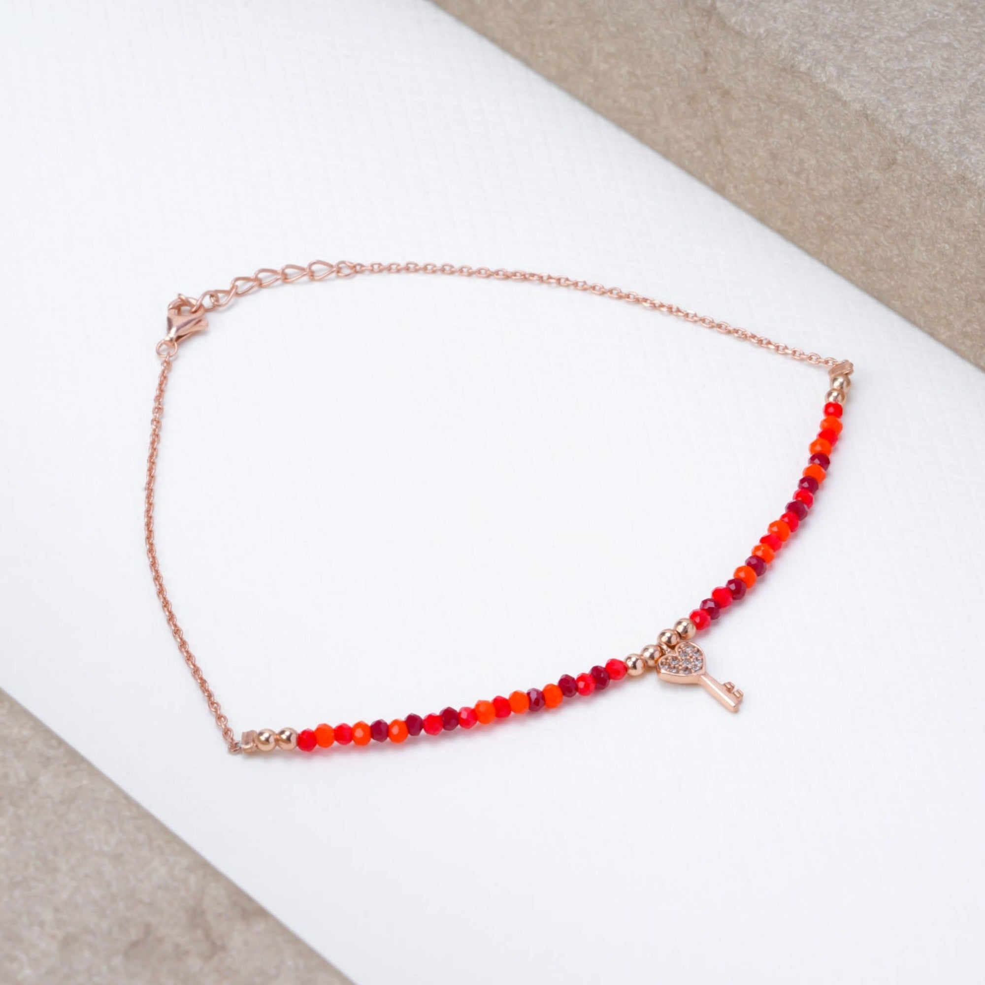 Pure Silver Charming Key Red Beads Anklet - LIORA - 925 Silver Jewellery