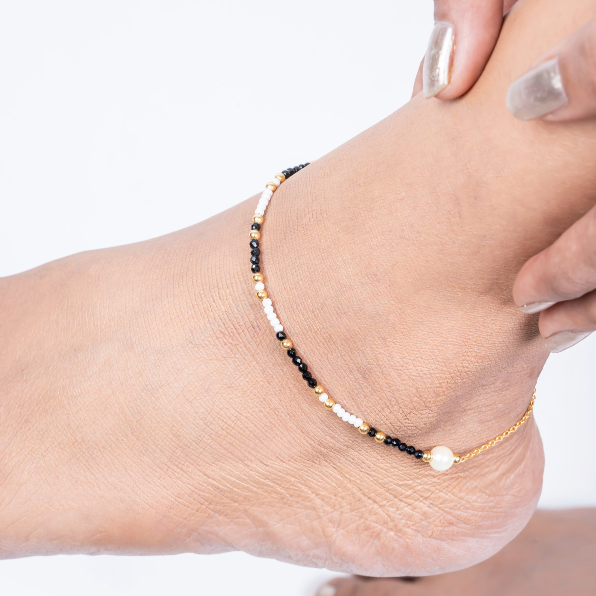 Sterling Silver Pearl & Beads Anklet In Golden Tone - LIORA - 925 Silver Jewellery